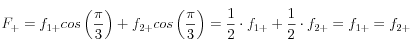 F_+=f_{1+}cos\left(\frac{\pi}{3}\right) + f_{2+}cos\left(\frac{\pi}{3}\right)
=\frac{1}{2}\cdot f_{1+} + \frac{1}{2} \cdot f_{2+} = f_{1+} = f_{2+} 